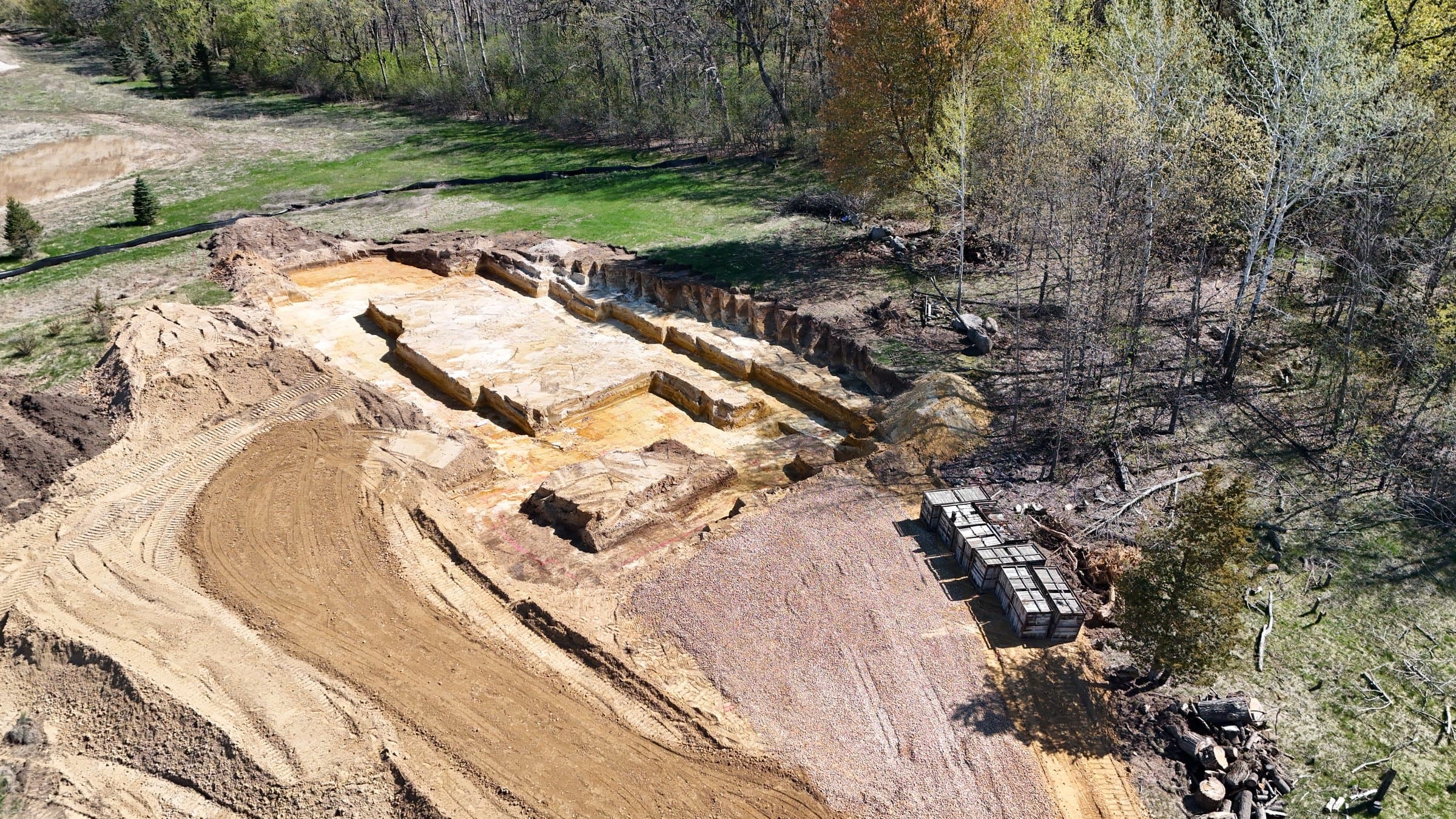 Aerial of the Oakridge foundation hole, footings trenched.